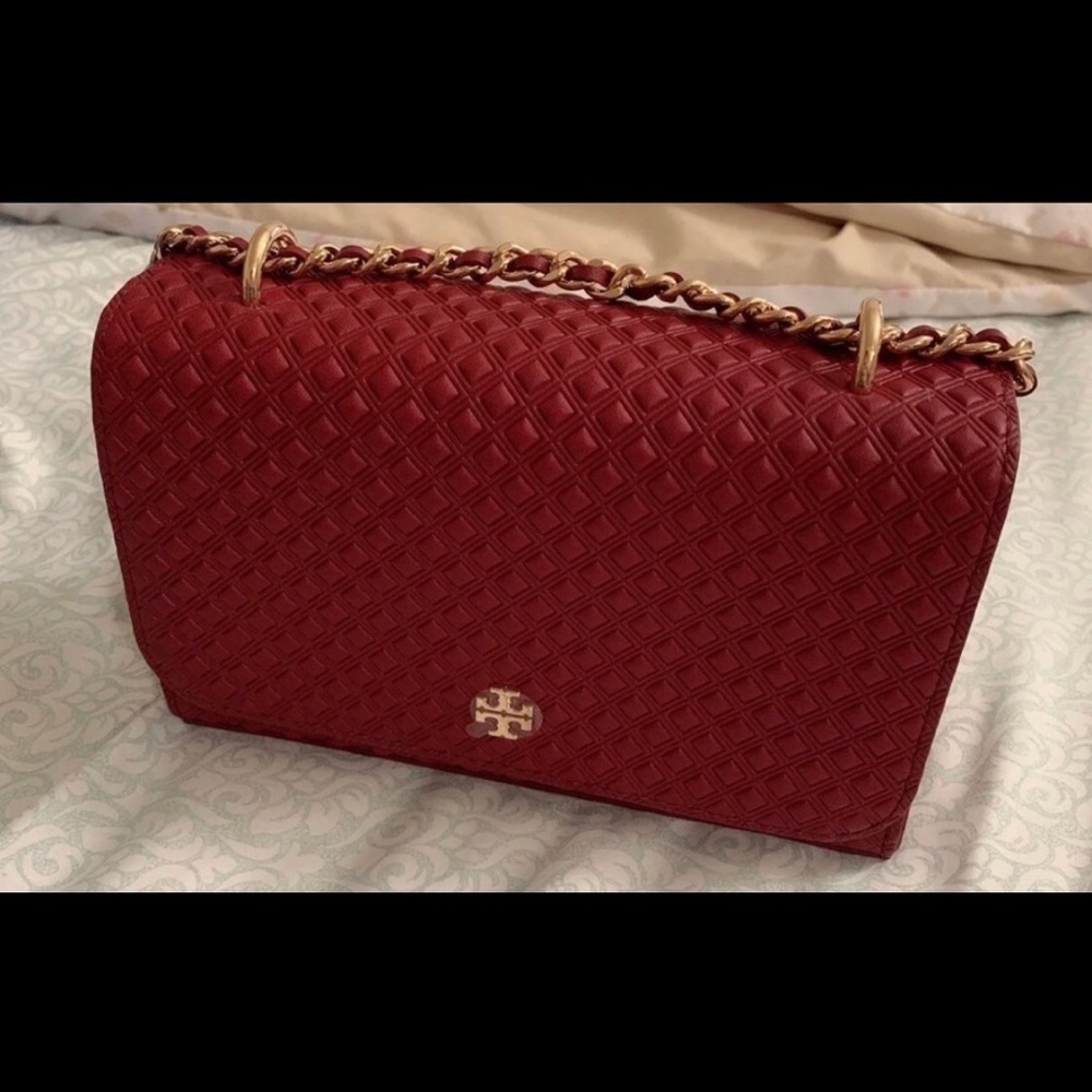 Tory Burch Marion Embossed Red Shrunken Shoulder